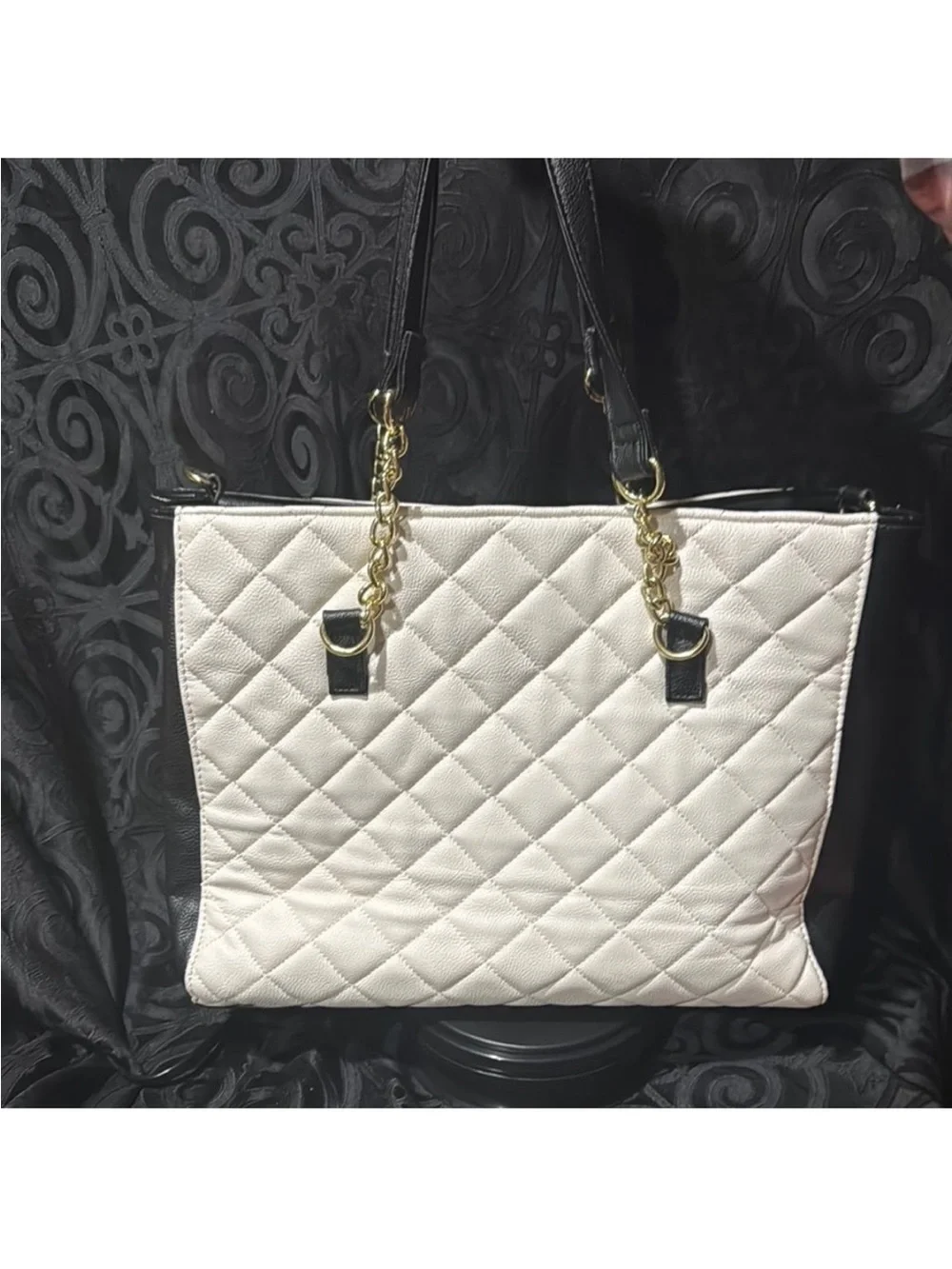 Black & White Tote Bag with Floral Embroidery